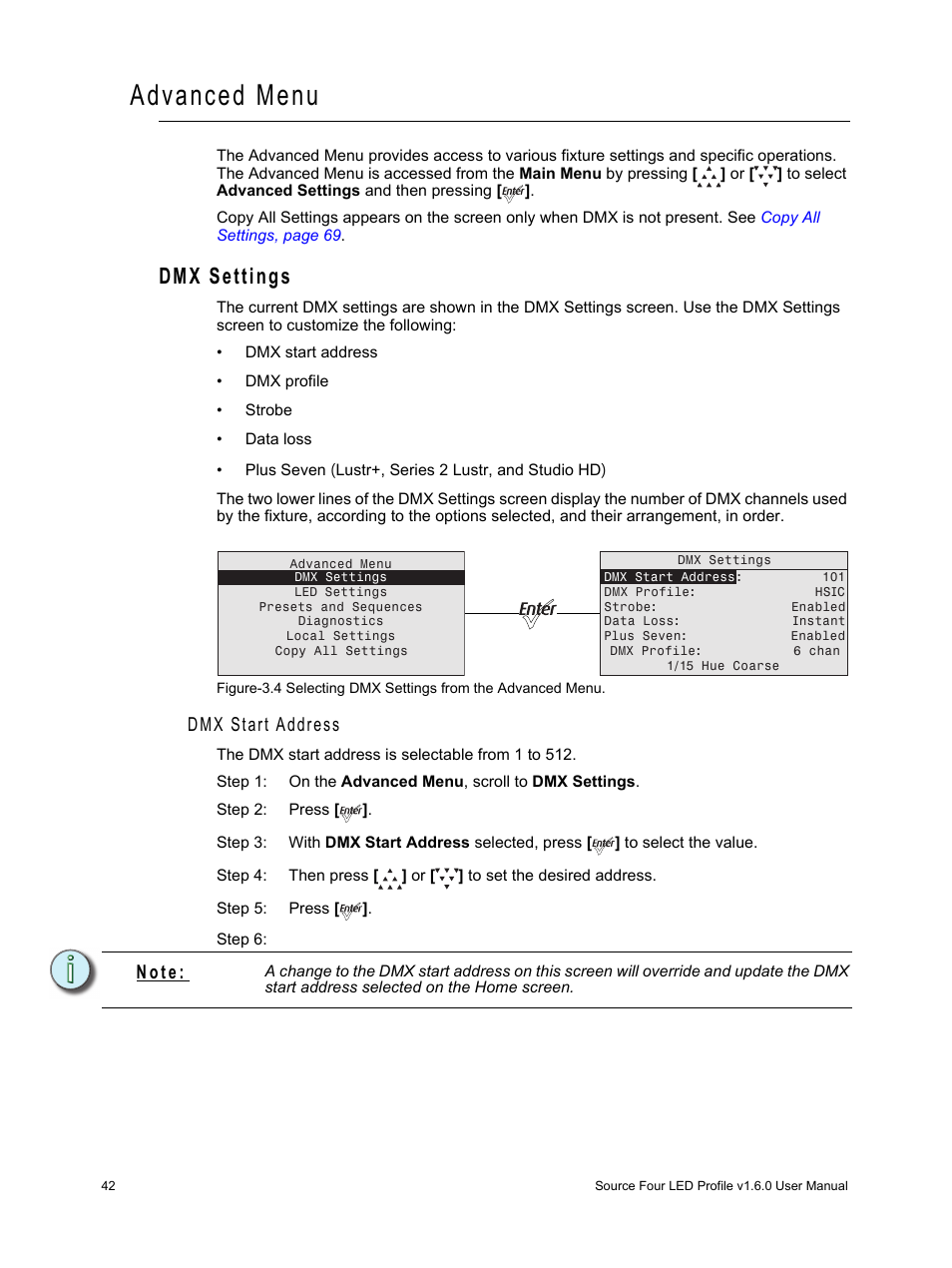 Advanced menu, Dmx settings, Dmx start address | N o t e | ETC Source Four LED v1.6.0 User Manual User Manual | Page 48 / 100