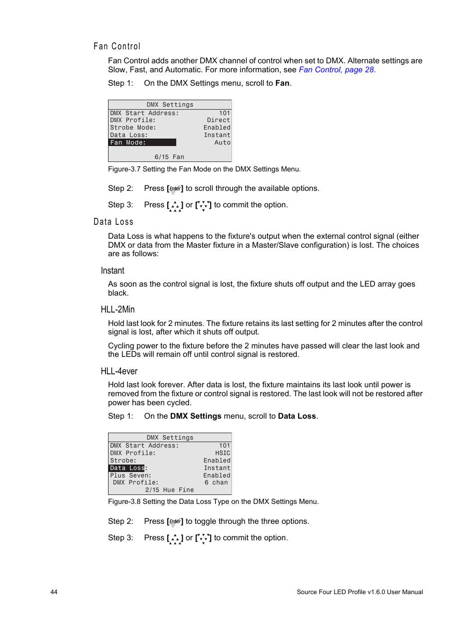 Fan control, Data loss, Instant | Hll-2min, Hll-4ever | ETC Source Four LED v1.6.0 User Manual User Manual | Page 50 / 100