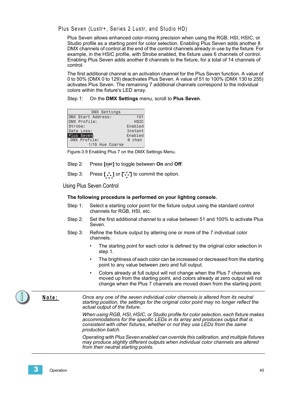 Plus seven (lustr+, series 2 lustr, and studio hd), Using plus seven control, N o t e | ETC Source Four LED v1.6.0 User Manual User Manual | Page 51 / 100