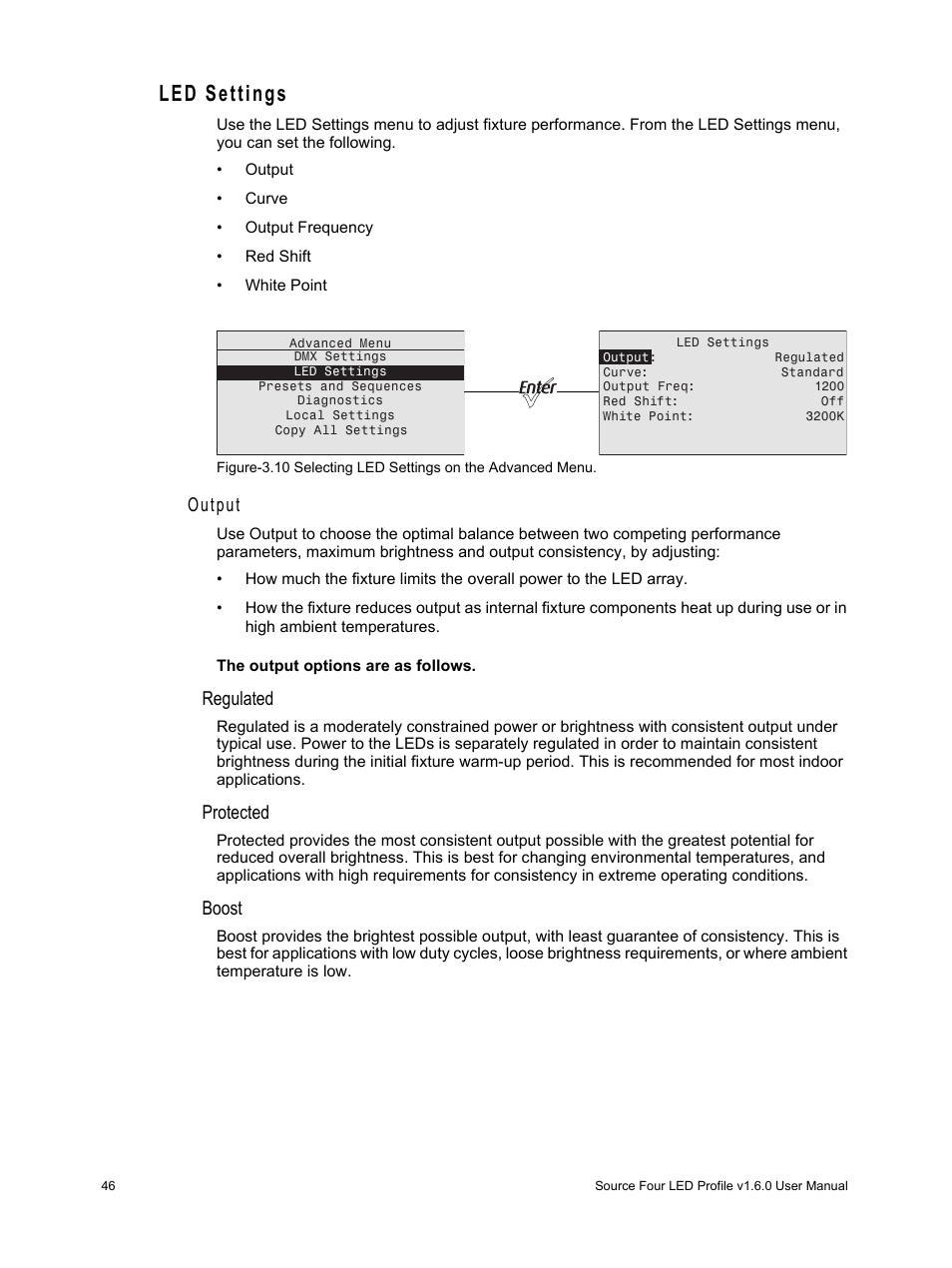 Led settings, Output, Regulated | Protected, Boost | ETC Source Four LED v1.6.0 User Manual User Manual | Page 52 / 100