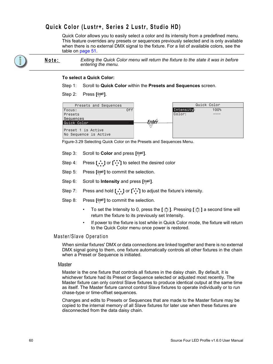 Quick color (lustr+, series 2 lustr, studio hd), Master/slave operation, Master | N o t e | ETC Source Four LED v1.6.0 User Manual User Manual | Page 66 / 100