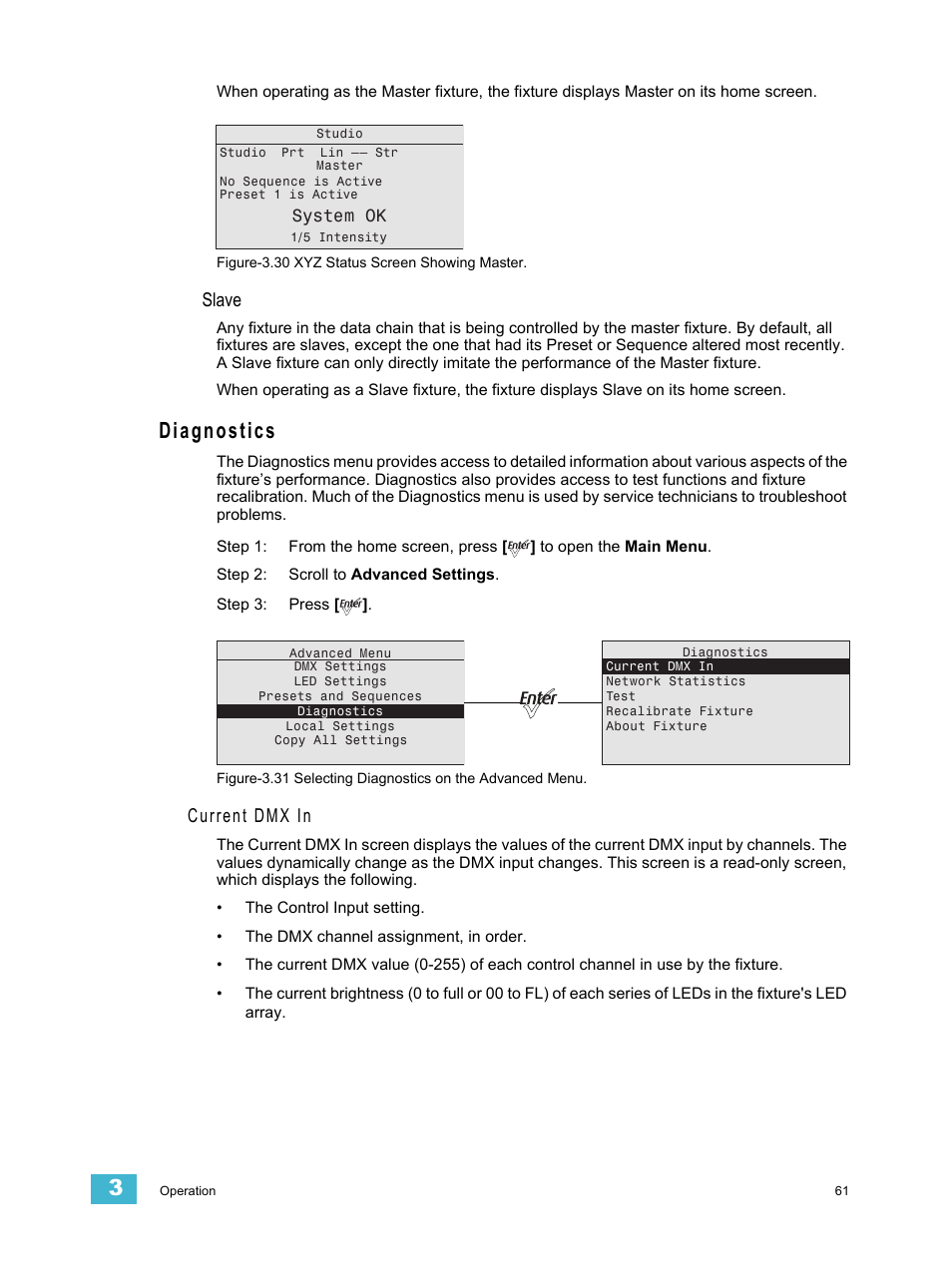 Diagnostics, Current dmx in, Slave | ETC Source Four LED v1.6.0 User Manual User Manual | Page 67 / 100