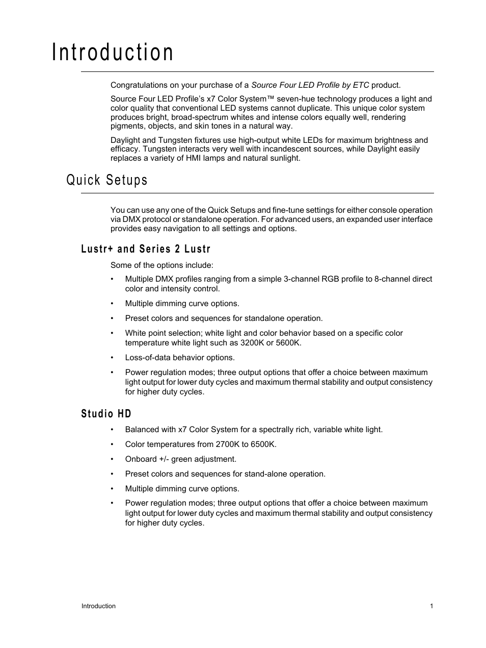 Introduction, Quick setups, Lustr+ and series 2 lustr | Studio hd, Lustr+ and series 2 lustr studio hd | ETC Source Four LED v1.6.0 User Manual User Manual | Page 7 / 100
