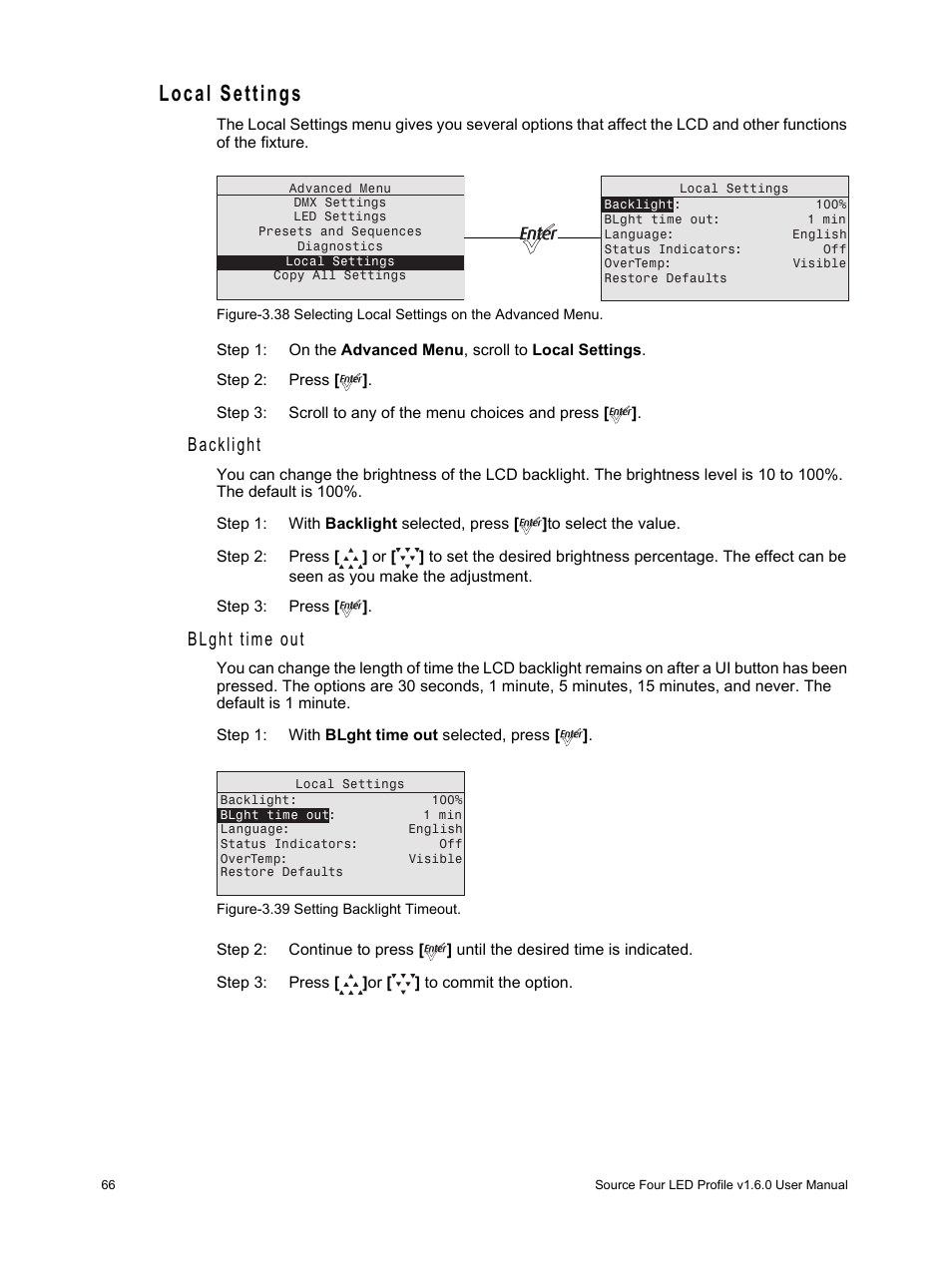 Local settings, Backlight, Blght time out | ETC Source Four LED v1.6.0 User Manual User Manual | Page 72 / 100