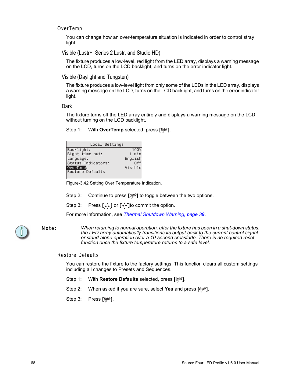 Overtemp, Restore defaults, Visible (lustr+, series 2 lustr, and studio hd) | Visible (daylight and tungsten), Dark, N o t e | ETC Source Four LED v1.6.0 User Manual User Manual | Page 74 / 100