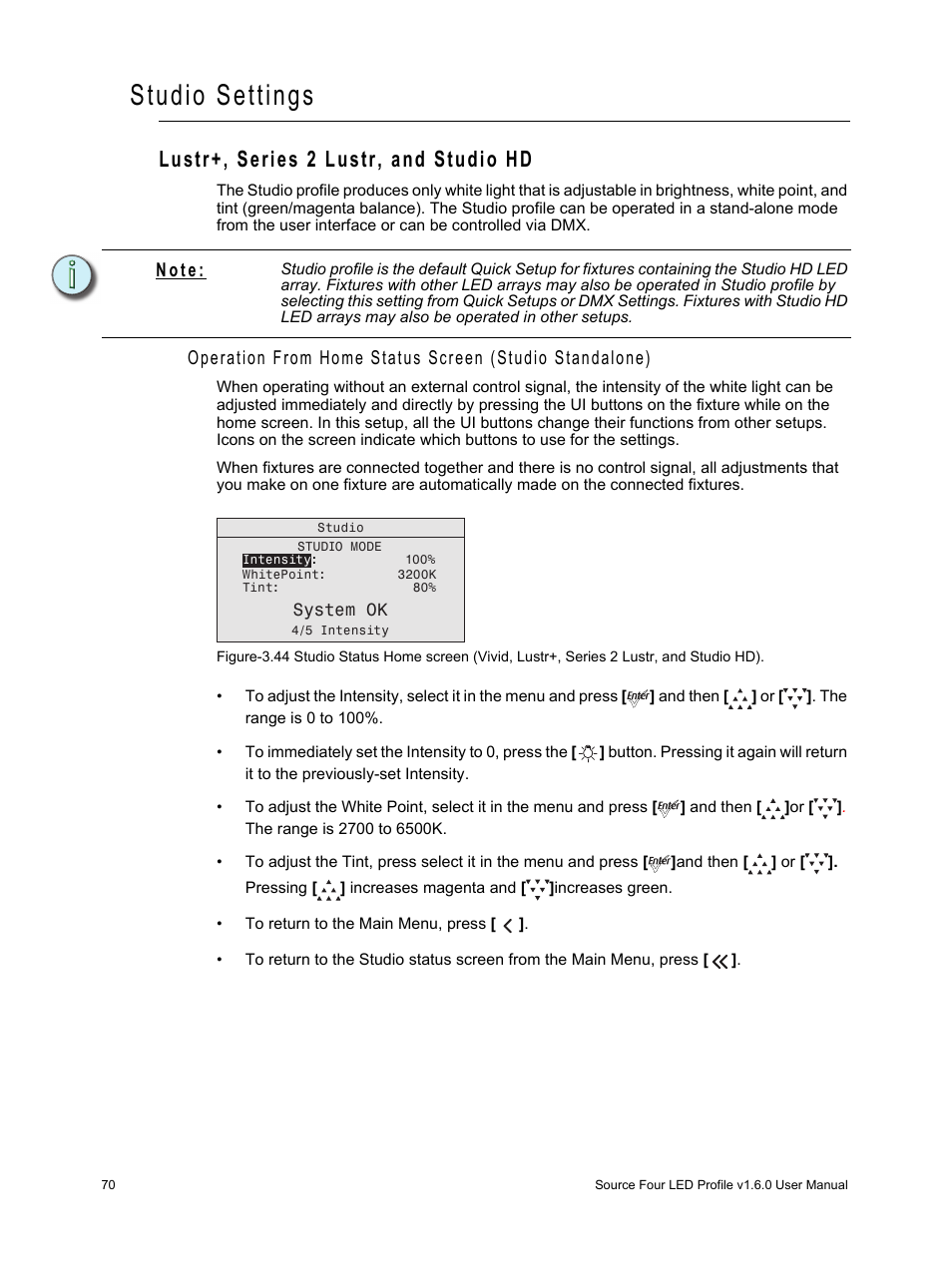 Studio settings, Lustr+, series 2 lustr, and studio hd, N o t e | ETC Source Four LED v1.6.0 User Manual User Manual | Page 76 / 100