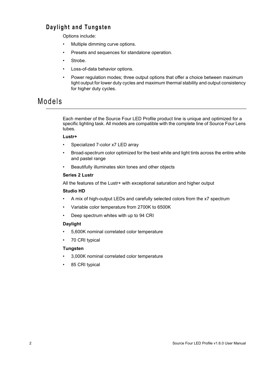 Daylight and tungsten, Models | ETC Source Four LED v1.6.0 User Manual User Manual | Page 8 / 100