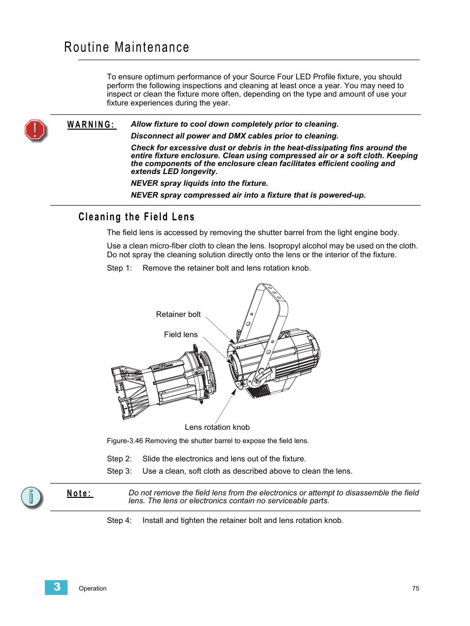 Routine maintenance, Cleaning the field lens | ETC Source Four LED v1.6.0 User Manual User Manual | Page 81 / 100