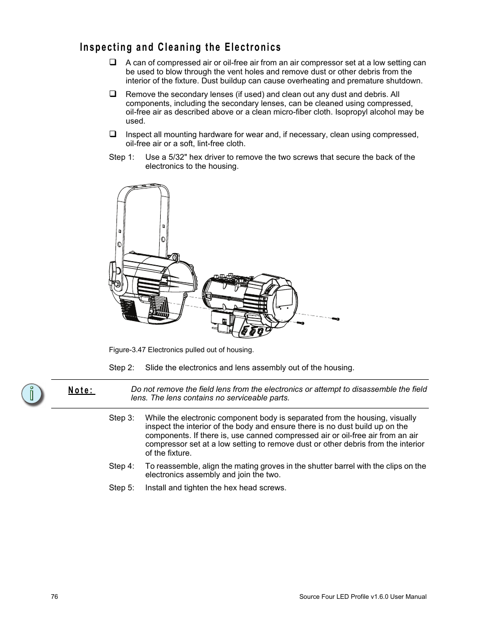 Inspecting and cleaning the electronics, N o t e | ETC Source Four LED v1.6.0 User Manual User Manual | Page 82 / 100