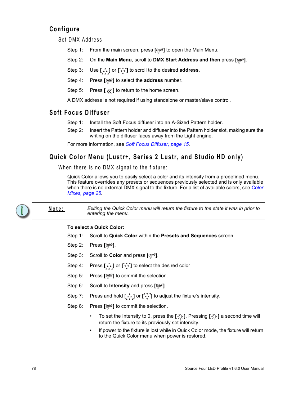 Configure, Set dmx address, Soft focus diffuser | When there is no dmx signal to the fixture, N o t e | ETC Source Four LED v1.6.0 User Manual User Manual | Page 84 / 100