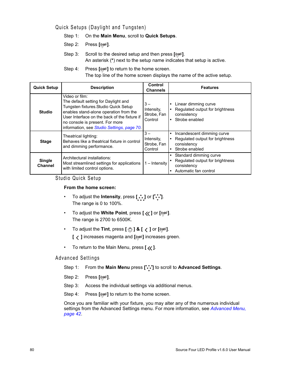 Quick setups (daylight and tungsten), Studio quick setup, Advanced settings | ETC Source Four LED v1.6.0 User Manual User Manual | Page 86 / 100