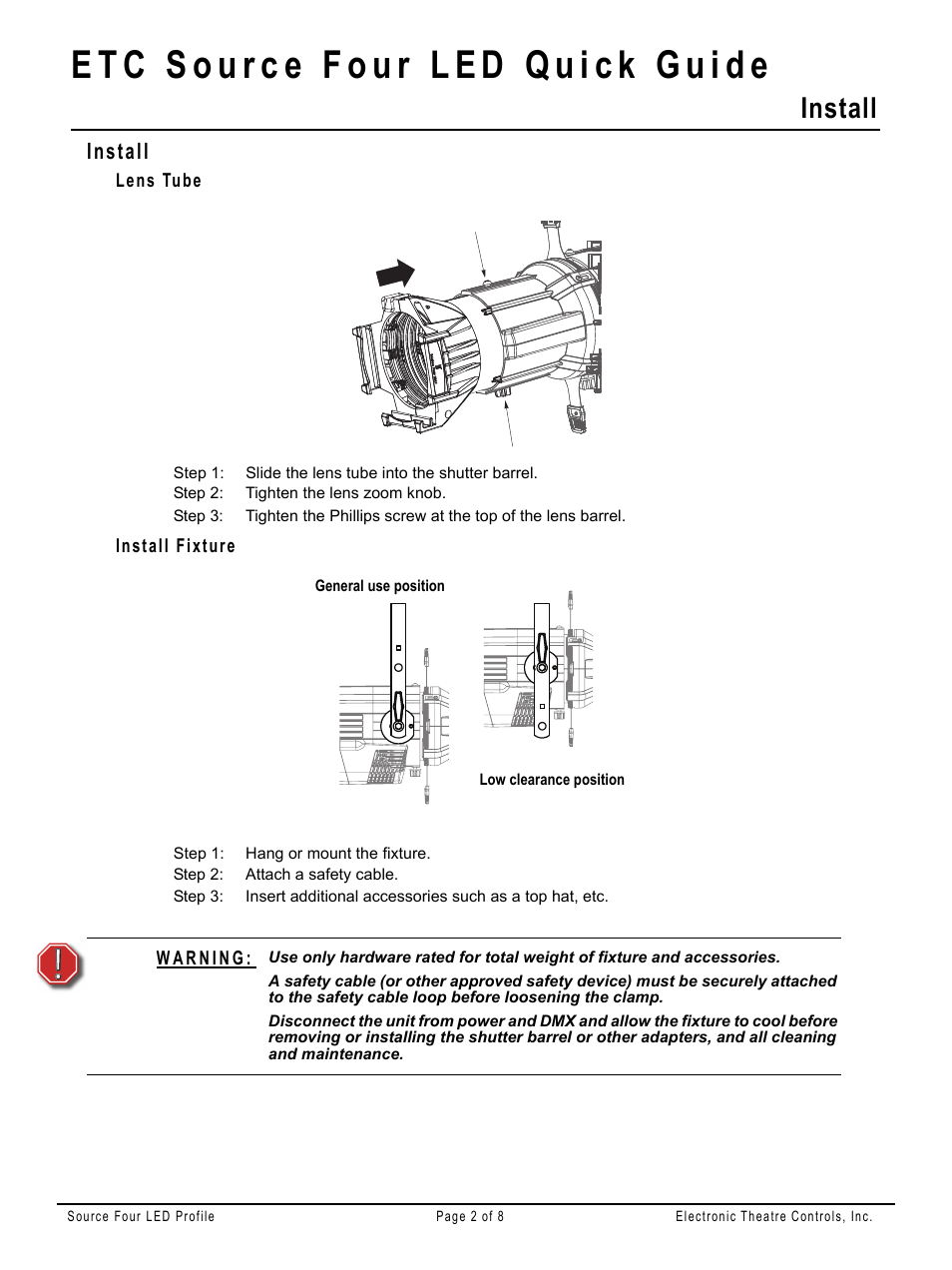Install, Lens tube, Install fixture | ETC Source Four LED v1.6.0 Quick Guide User Manual | Page 2 / 8