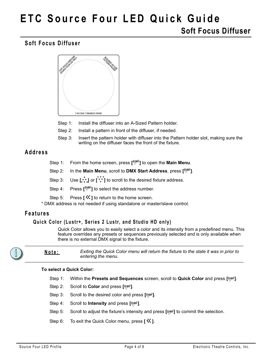 Soft focus diffuser, Address, Features | ETC Source Four LED v1.6.0 Quick Guide User Manual | Page 4 / 8