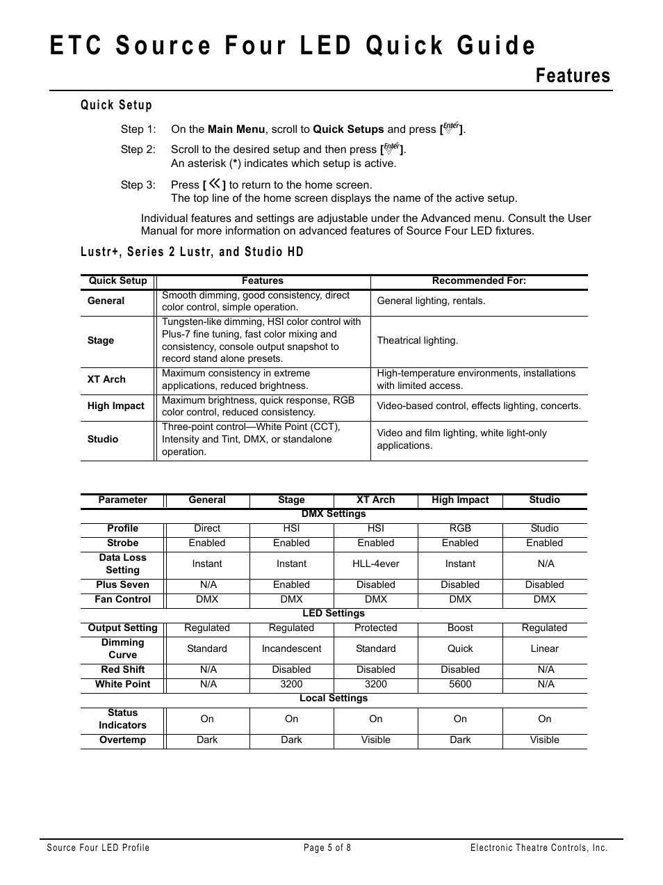 Quick setup, Lustr+, series 2 lustr, and studio hd, Features | ETC Source Four LED v1.6.0 Quick Guide User Manual | Page 5 / 8
