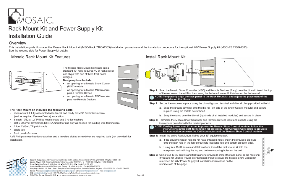 ETC Unison Mosaic Rack Mount Kit and Power Supply Kit User Manual | 2 pages