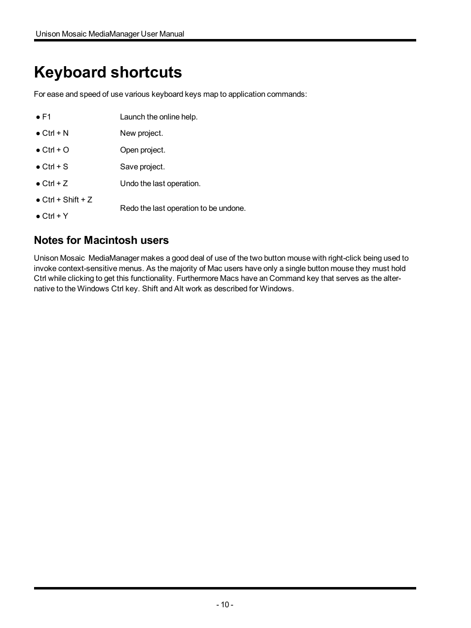 Keyboard shortcuts, Notes for macintosh users | ETC Unison Mosaic MediaManager v1.0.3 User Manual | Page 10 / 30