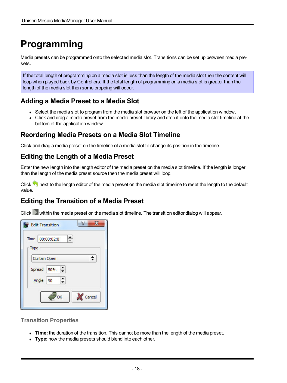 Programming, Adding a media preset to a media slot, Reordering media presets on a media slot timeline | Editing the length of a media preset, Editing the transition of a media preset, Transition properties | ETC Unison Mosaic MediaManager v1.0.3 User Manual | Page 18 / 30