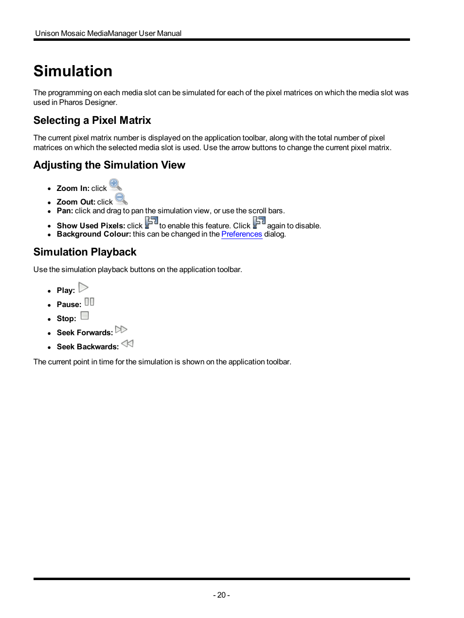 Simulation, Selecting a pixel matrix, Adjusting the simulation view | Simulation playback | ETC Unison Mosaic MediaManager v1.0.3 User Manual | Page 20 / 30