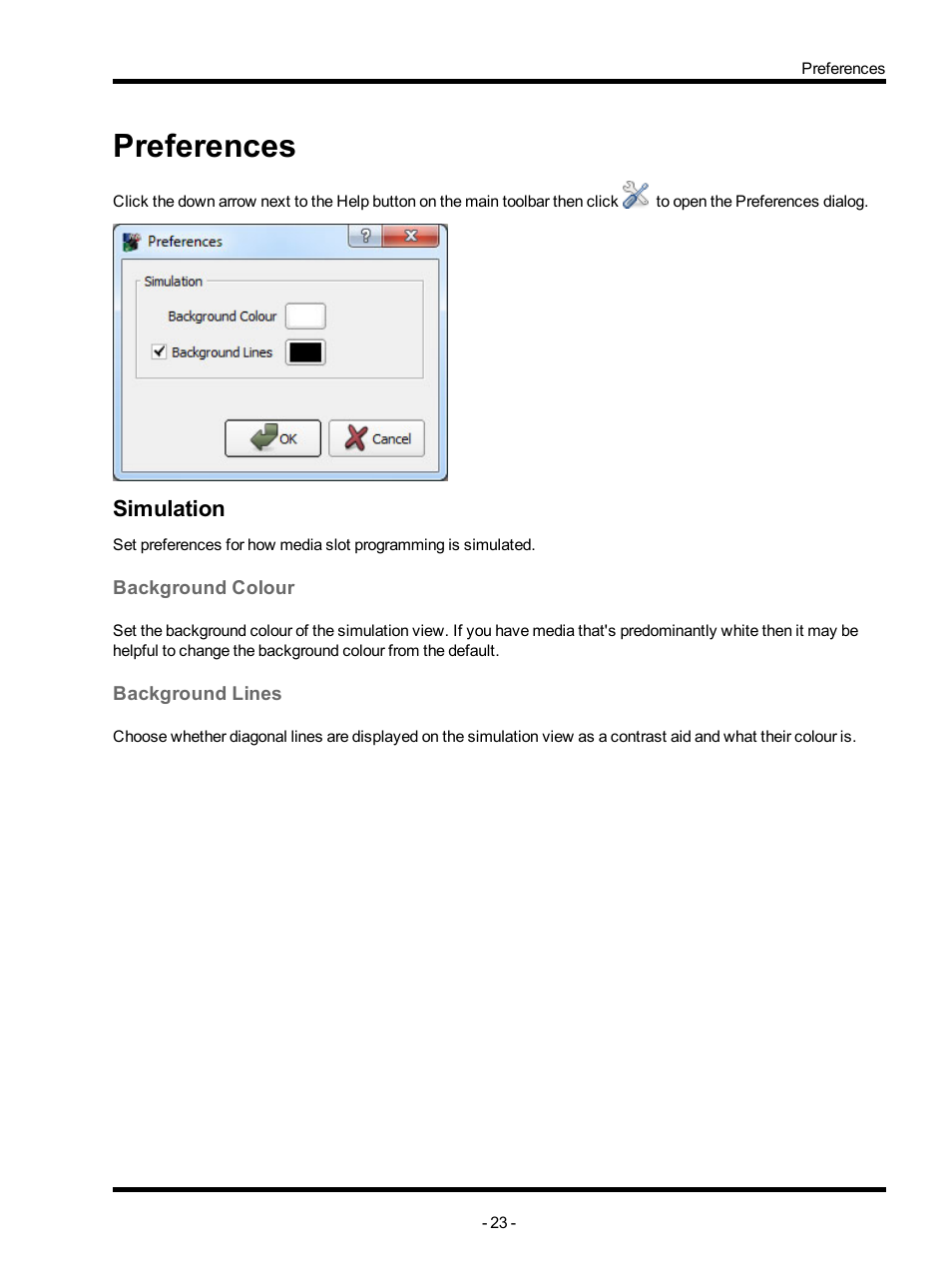 Preferences, Simulation, Background colour | Background lines | ETC Unison Mosaic MediaManager v1.0.3 User Manual | Page 23 / 30