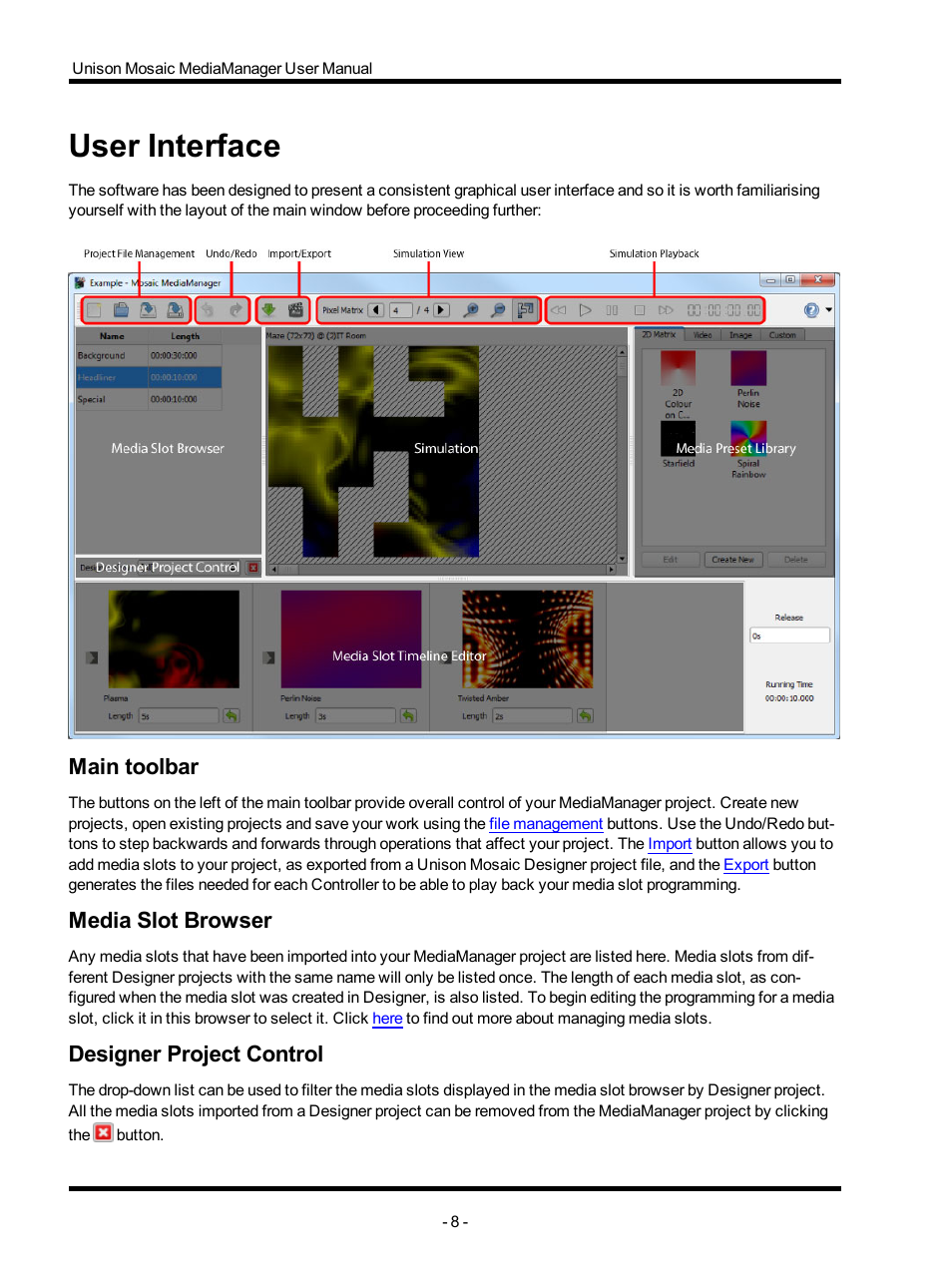 User interface, Main toolbar, Media slot browser | Designer project control, Quick start | ETC Unison Mosaic MediaManager v1.0.3 User Manual | Page 8 / 30