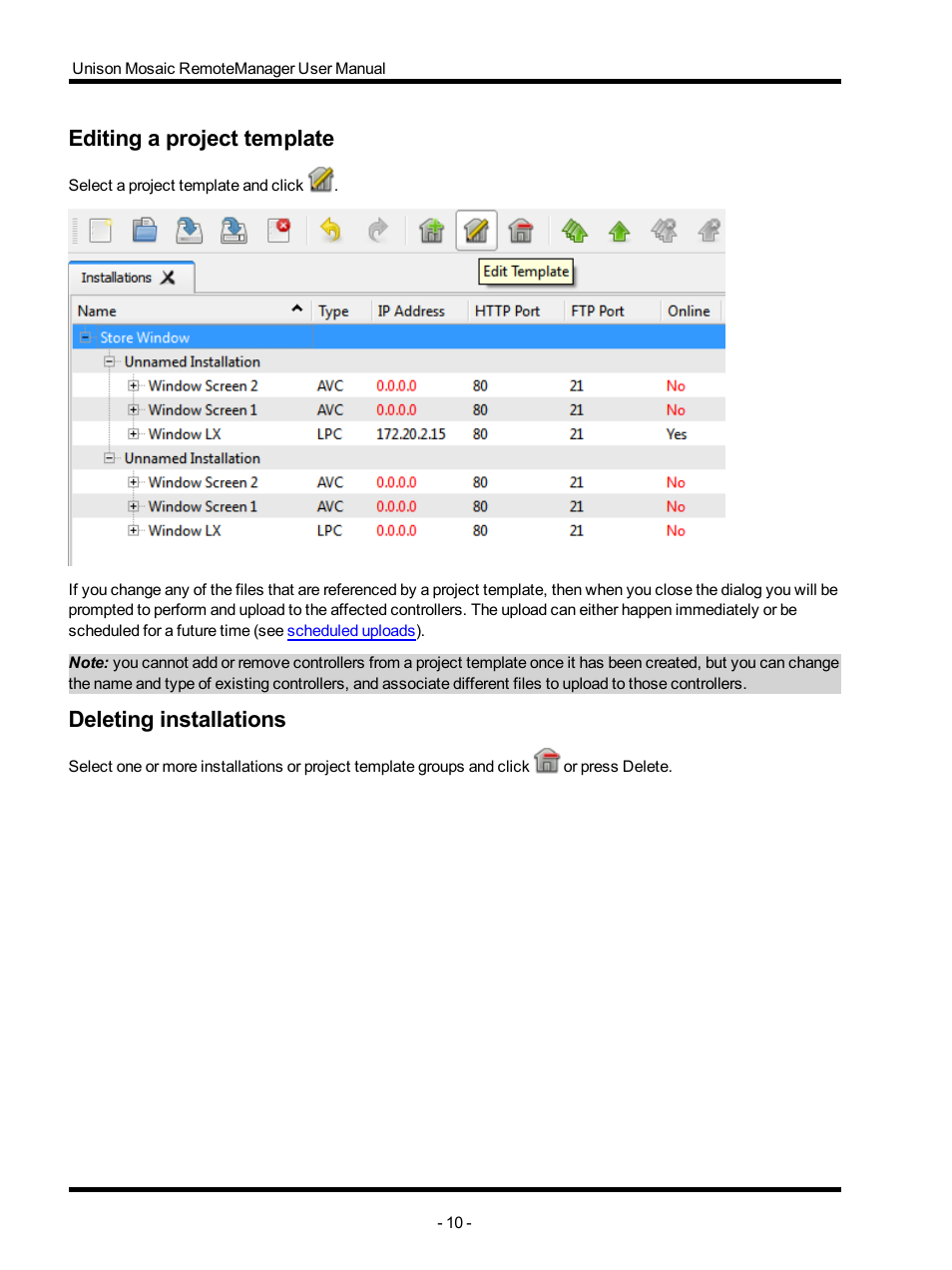 Editing a project template, Deleting installations | ETC Unison Mosaic RemoteManager v1.0.4 User Manual | Page 10 / 20