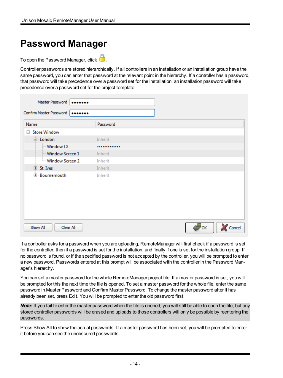 Password manager | ETC Unison Mosaic RemoteManager v1.0.4 User Manual | Page 14 / 20
