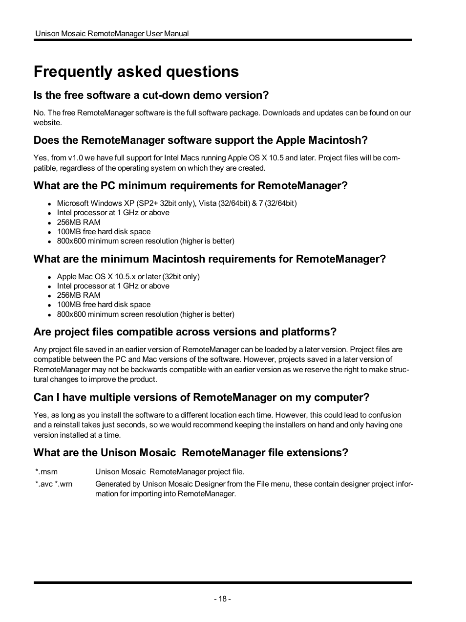 Frequently asked questions, Is the free software a cut-down demo version | ETC Unison Mosaic RemoteManager v1.0.4 User Manual | Page 18 / 20