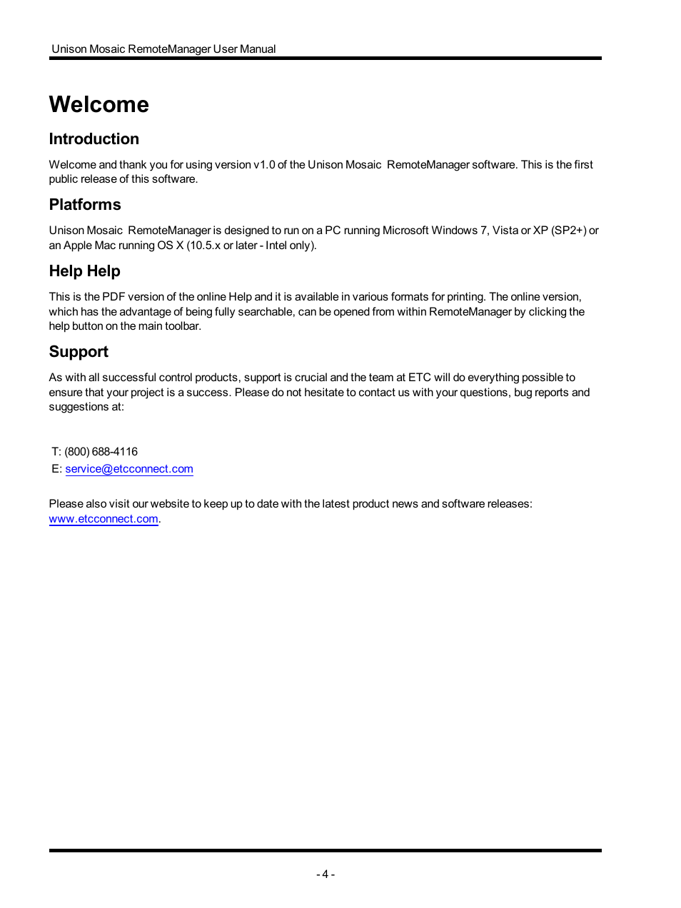 Welcome, Introduction, Platforms | Help help, Support | ETC Unison Mosaic RemoteManager v1.0.4 User Manual | Page 4 / 20