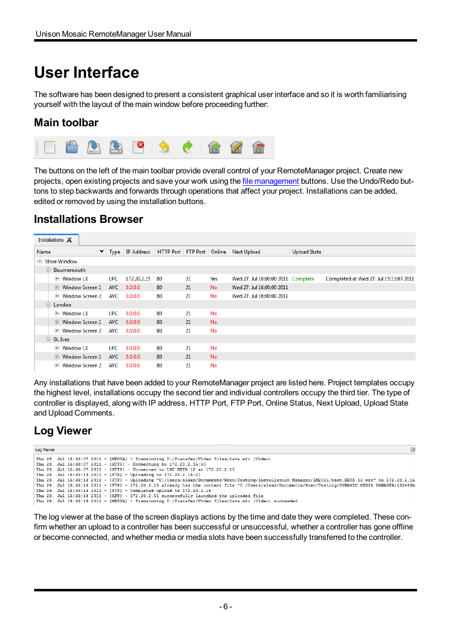 User interface, Main toolbar, Installations browser | Log viewer | ETC Unison Mosaic RemoteManager v1.0.4 User Manual | Page 6 / 20