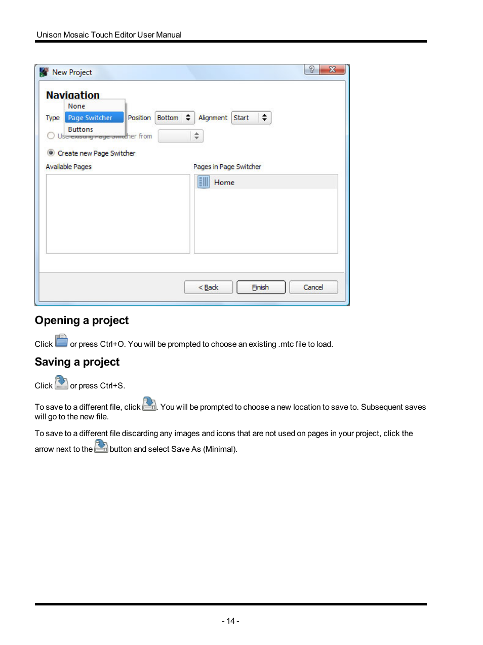 Opening a project, Saving a project | ETC Unison Mosaic TouchEditor v1.0 User Manual | Page 14 / 52