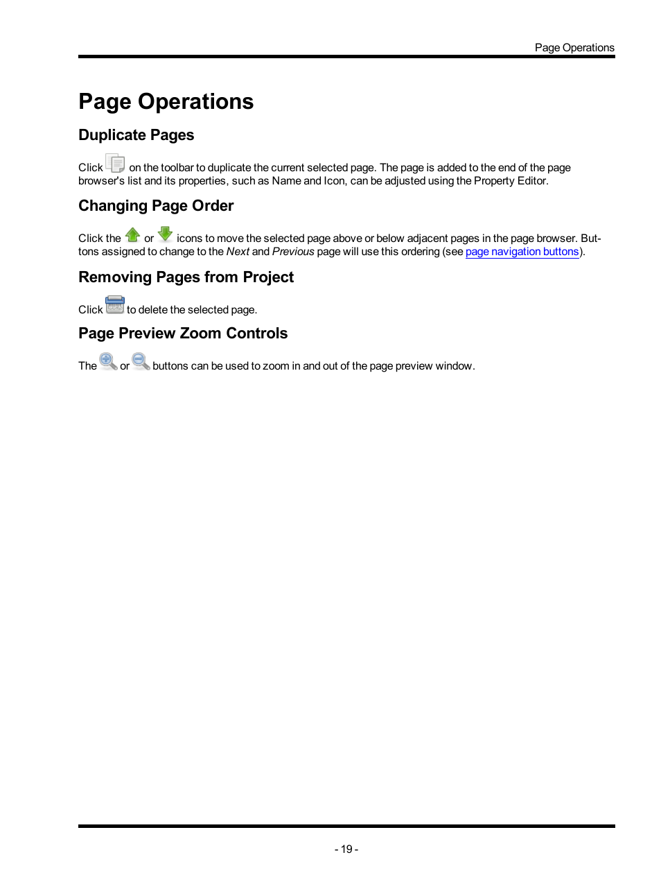 Copied, Page operations, Duplicate pages | Changing page order, Removing pages from project, Page preview zoom controls | ETC Unison Mosaic TouchEditor v1.0 User Manual | Page 19 / 52