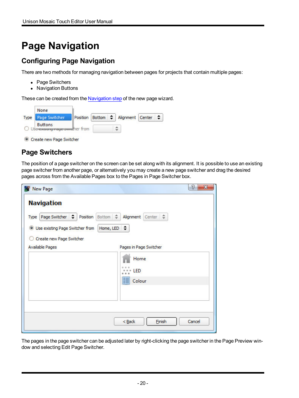 Page navigation, Configuring page navigation, Page switchers | ETC Unison Mosaic TouchEditor v1.0 User Manual | Page 20 / 52