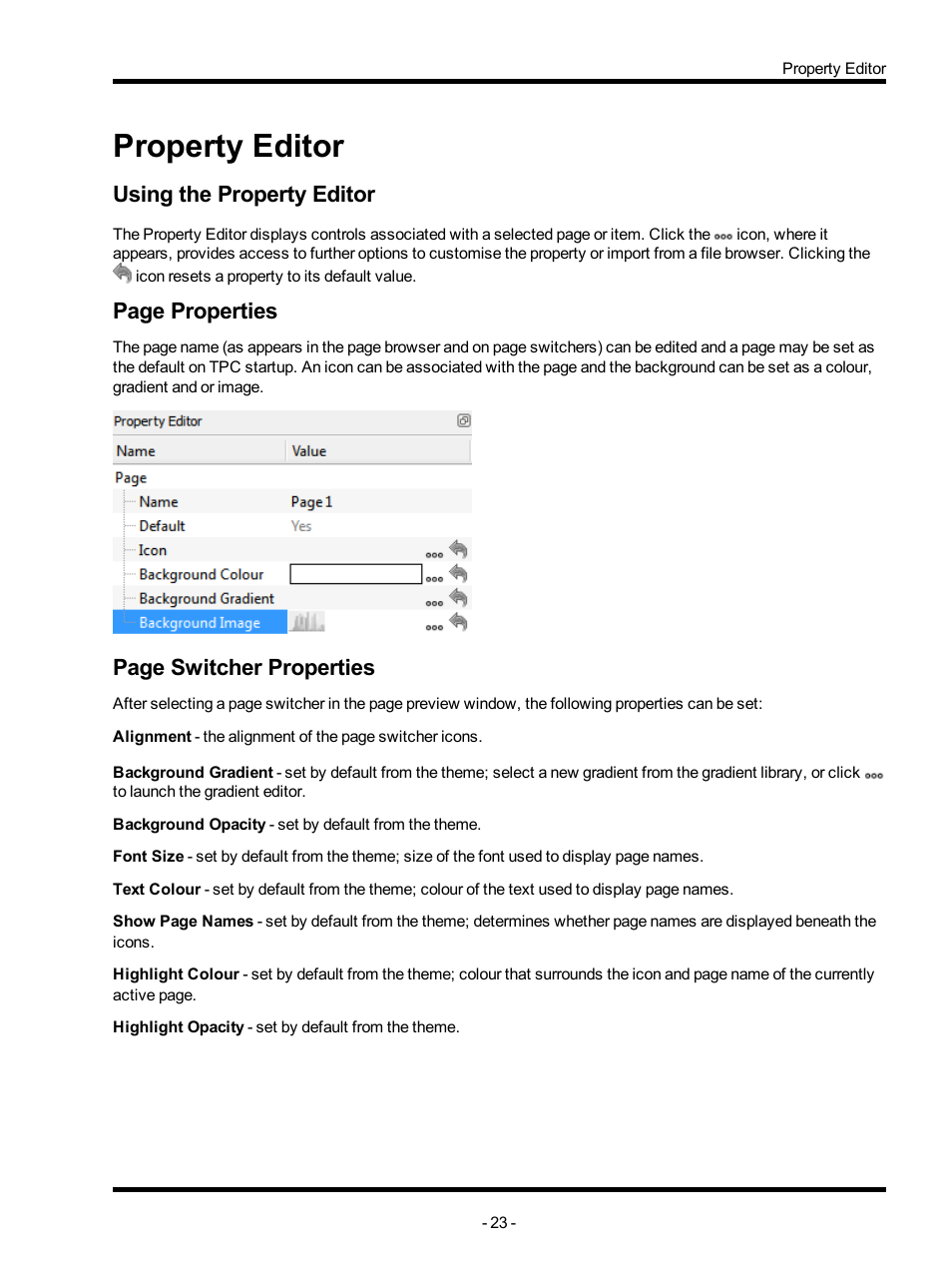 Property editor, Using the property editor, Page properties | Page switcher properties | ETC Unison Mosaic TouchEditor v1.0 User Manual | Page 23 / 52