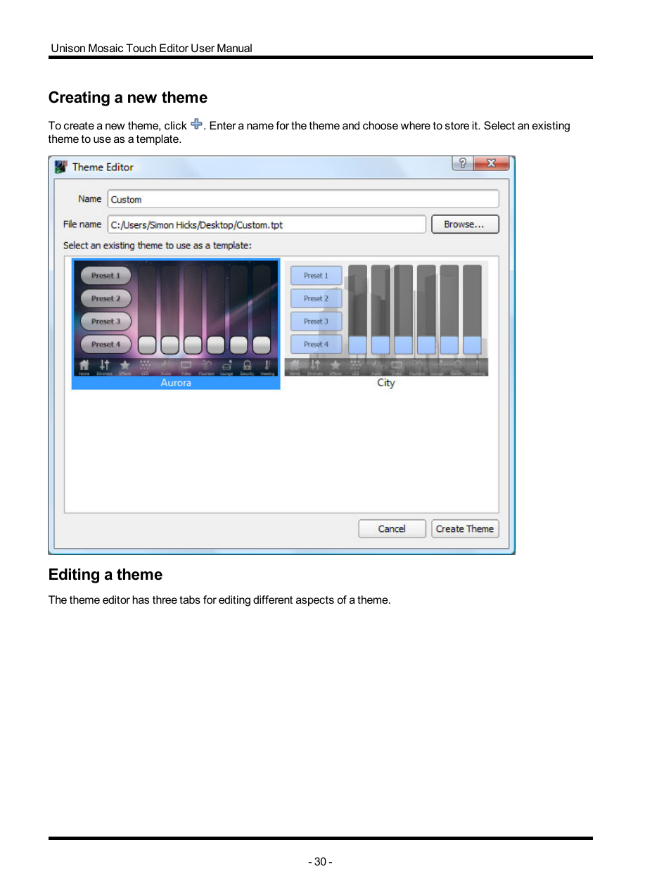 Creating a new theme, Editing a theme | ETC Unison Mosaic TouchEditor v1.0 User Manual | Page 30 / 52
