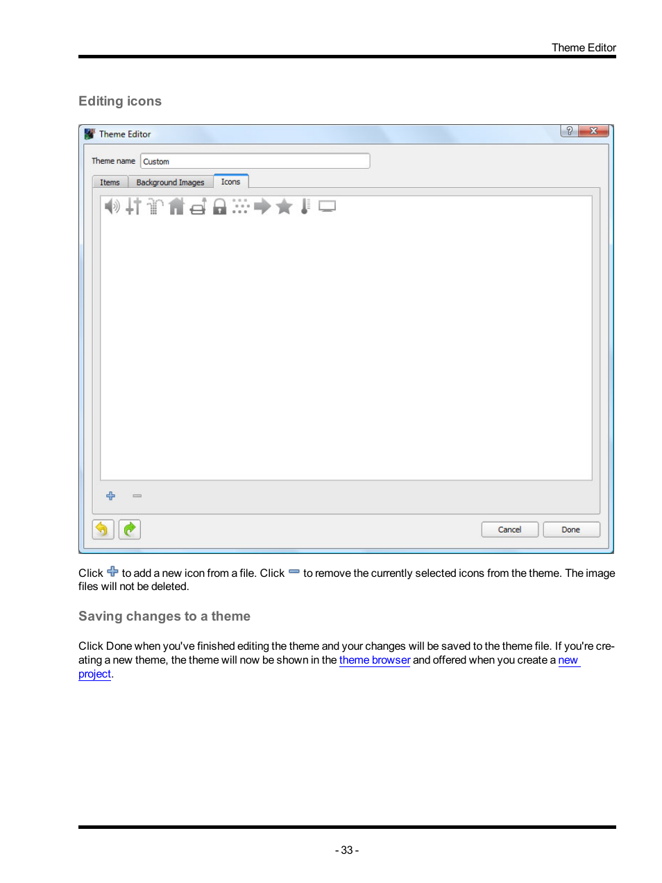 Editing icons, Saving changes to a theme | ETC Unison Mosaic TouchEditor v1.0 User Manual | Page 33 / 52