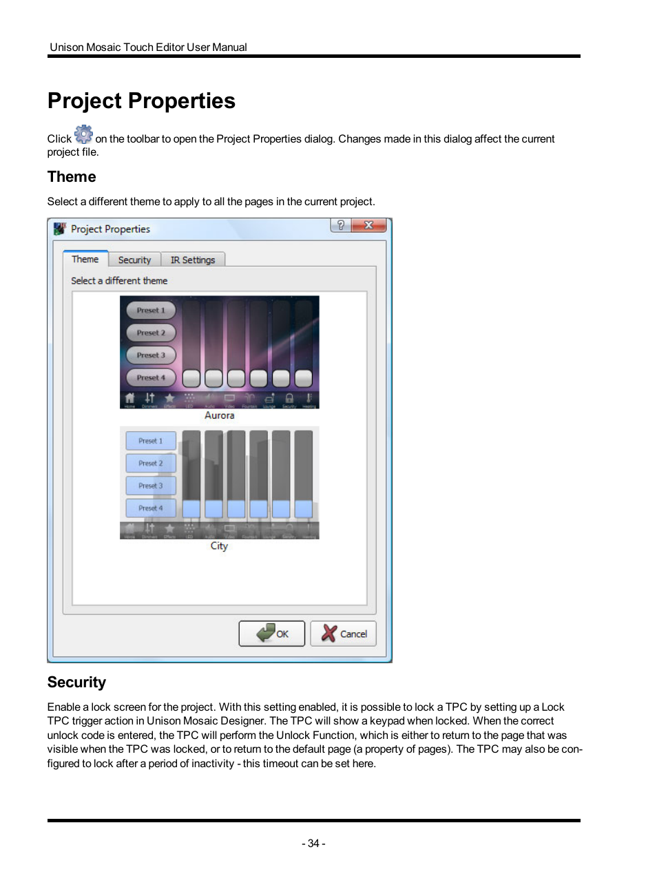 Project properties, Theme, Security | Set up a lock screen | ETC Unison Mosaic TouchEditor v1.0 User Manual | Page 34 / 52