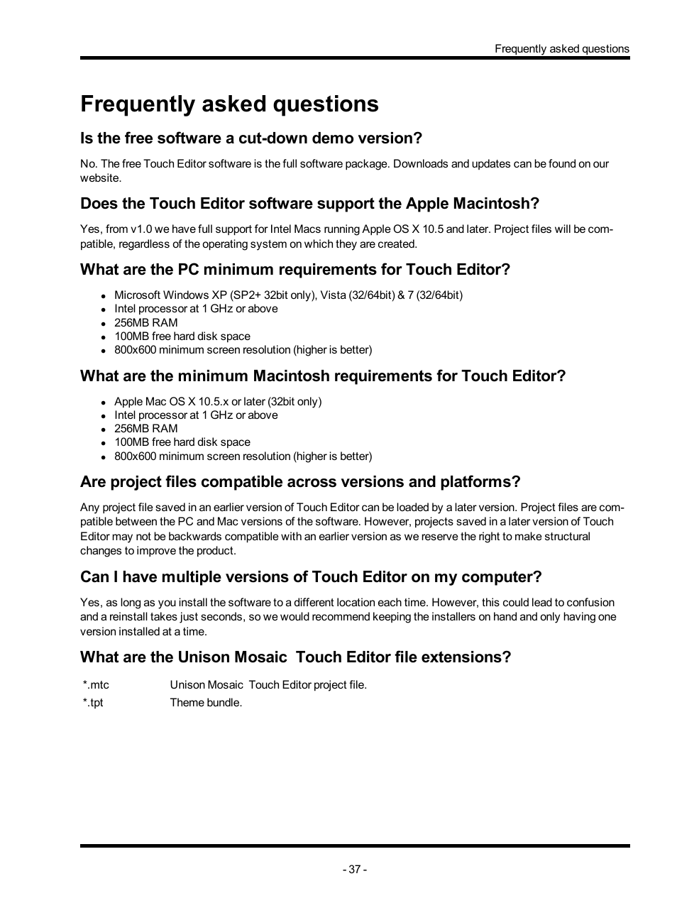 Frequently asked questions, Is the free software a cut-down demo version | ETC Unison Mosaic TouchEditor v1.0 User Manual | Page 37 / 52