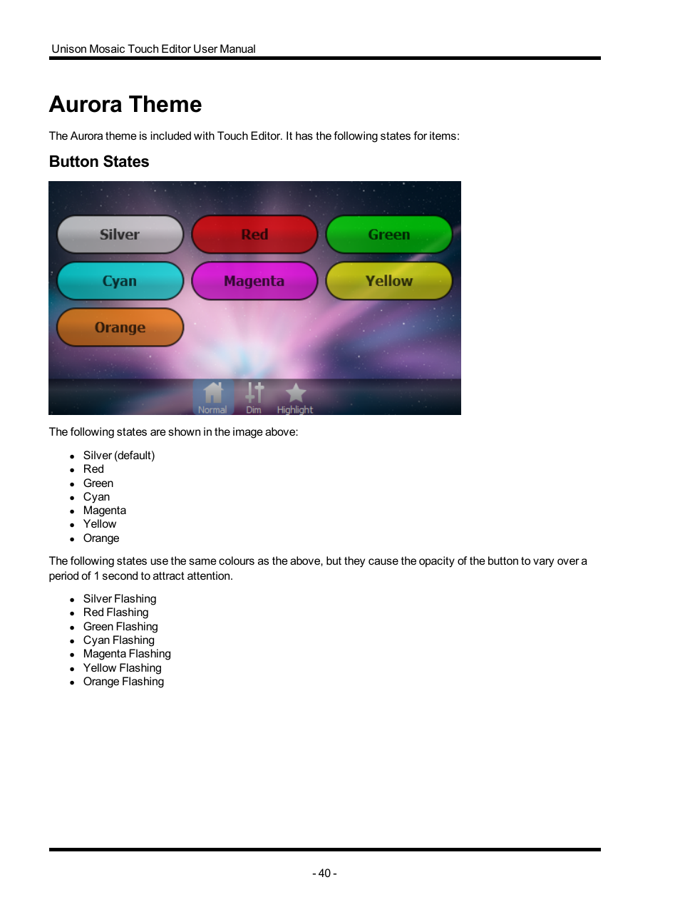 Aurora theme, Button states, Aurora | ETC Unison Mosaic TouchEditor v1.0 User Manual | Page 40 / 52