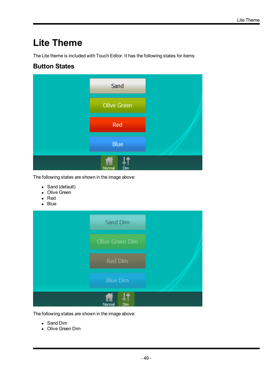 Lite theme, Button states, Lite | ETC Unison Mosaic TouchEditor v1.0 User Manual | Page 49 / 52