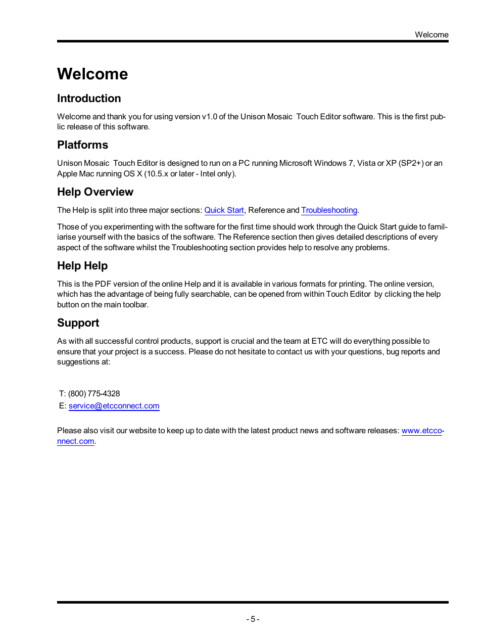 Welcome, Introduction, Platforms | Help overview, Help help, Support | ETC Unison Mosaic TouchEditor v1.0 User Manual | Page 5 / 52