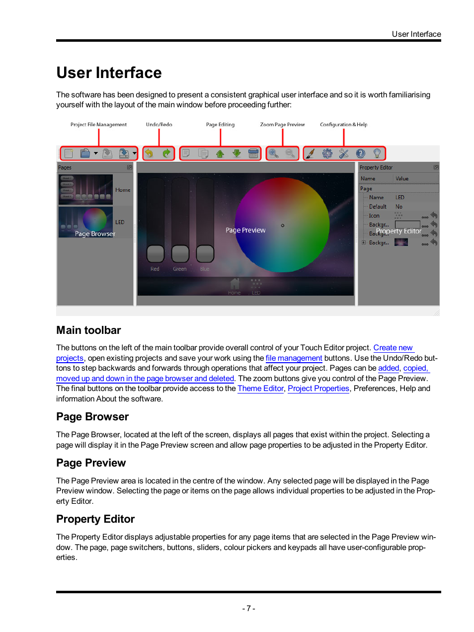 User interface, Main toolbar, Property editor | Page browser, Page preview | ETC Unison Mosaic TouchEditor v1.0 User Manual | Page 7 / 52
