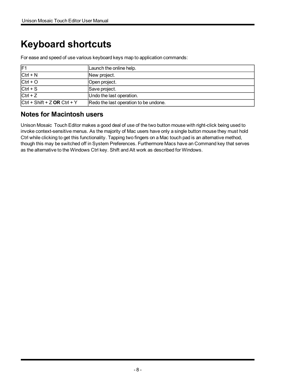 Keyboard shortcuts, Notes for macintosh users | ETC Unison Mosaic TouchEditor v1.0 User Manual | Page 8 / 52
