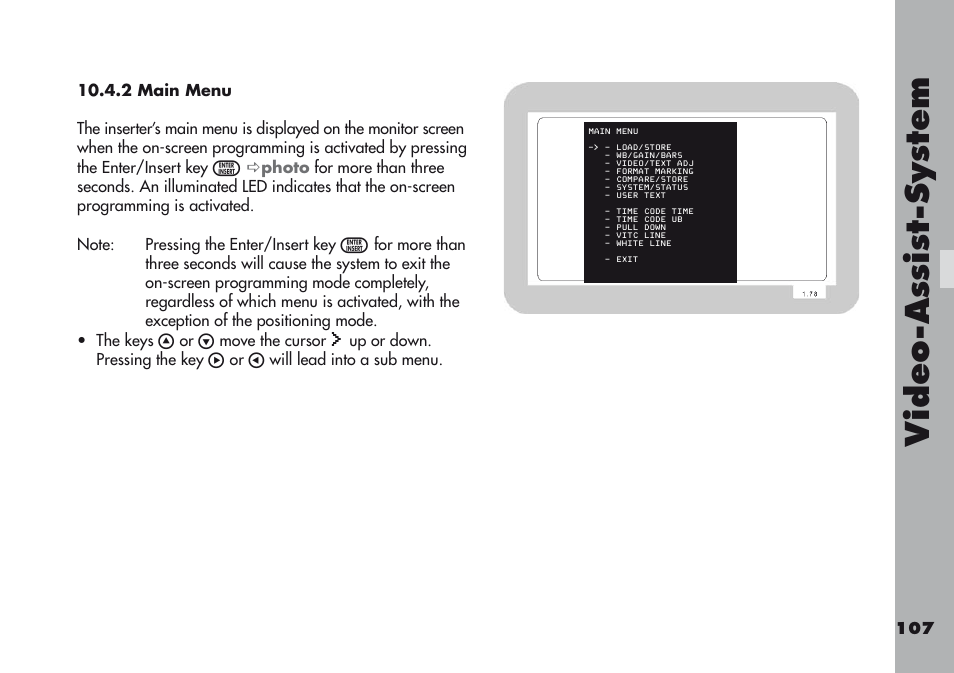 2 main menu, Video-a ss is t-sy stem | ARRI ARRIFLEX 416 User Manual | Page 107 / 240