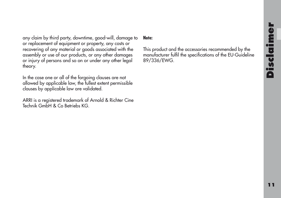 Di sclaimer | ARRI ARRIFLEX 416 User Manual | Page 11 / 240