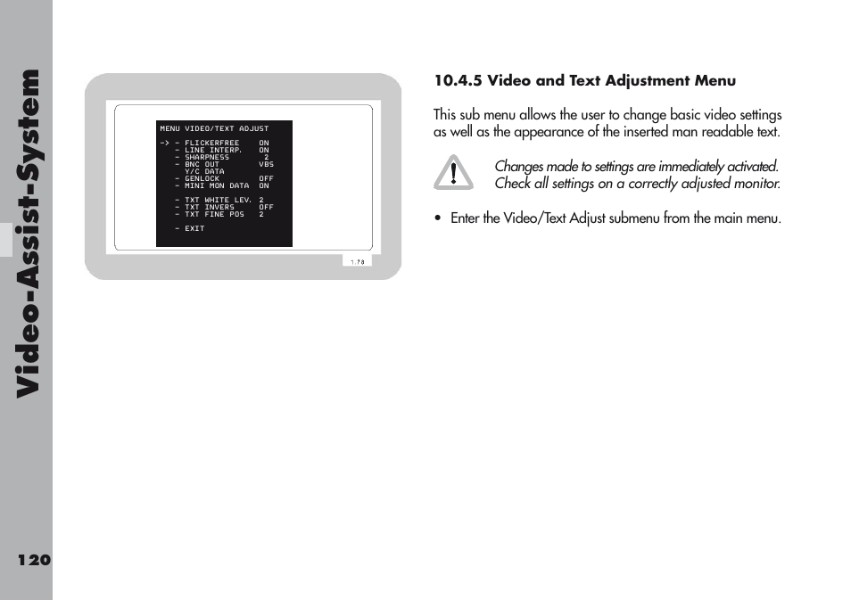 5 video and text adjustment menu, Video-a ss is t-sy stem | ARRI ARRIFLEX 416 User Manual | Page 120 / 240