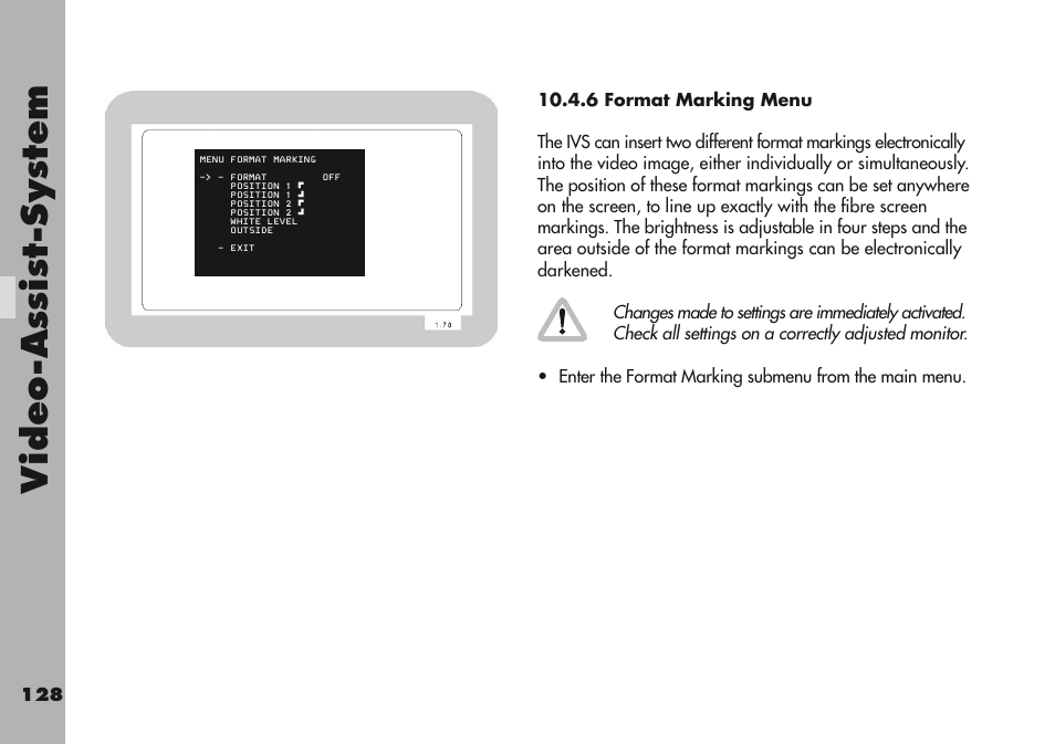 6 format marking menu, Video-a ss is t-sy stem | ARRI ARRIFLEX 416 User Manual | Page 128 / 240