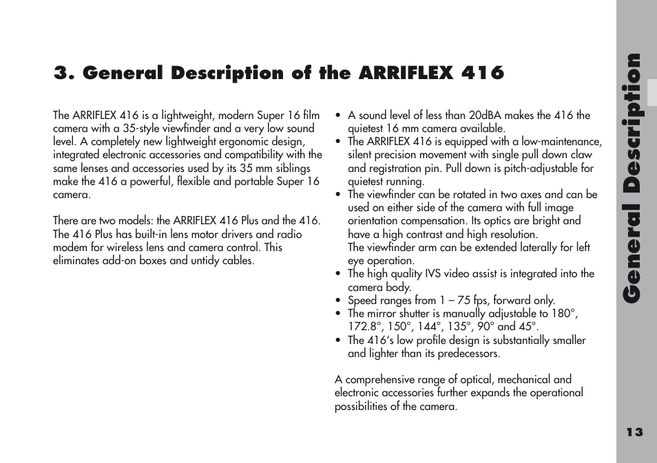 General description of the arriflex 416, General de scription, Generaldescriptionofthearriflex1 | ARRI ARRIFLEX 416 User Manual | Page 13 / 240