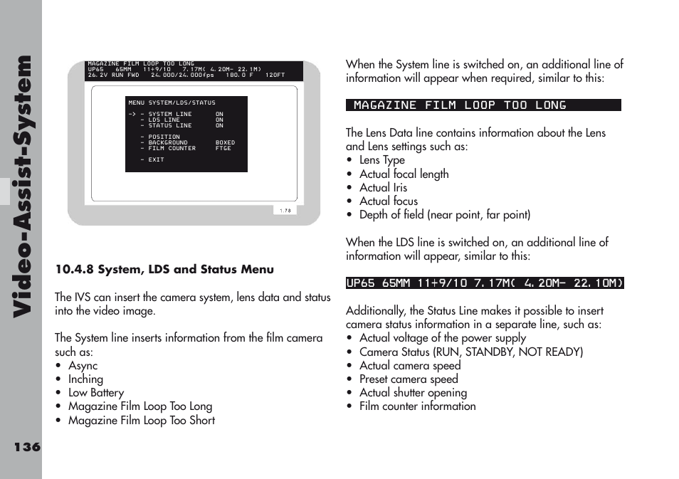 8 system, lds and status menu, Video-a ss is t-sy stem | ARRI ARRIFLEX 416 User Manual | Page 136 / 240