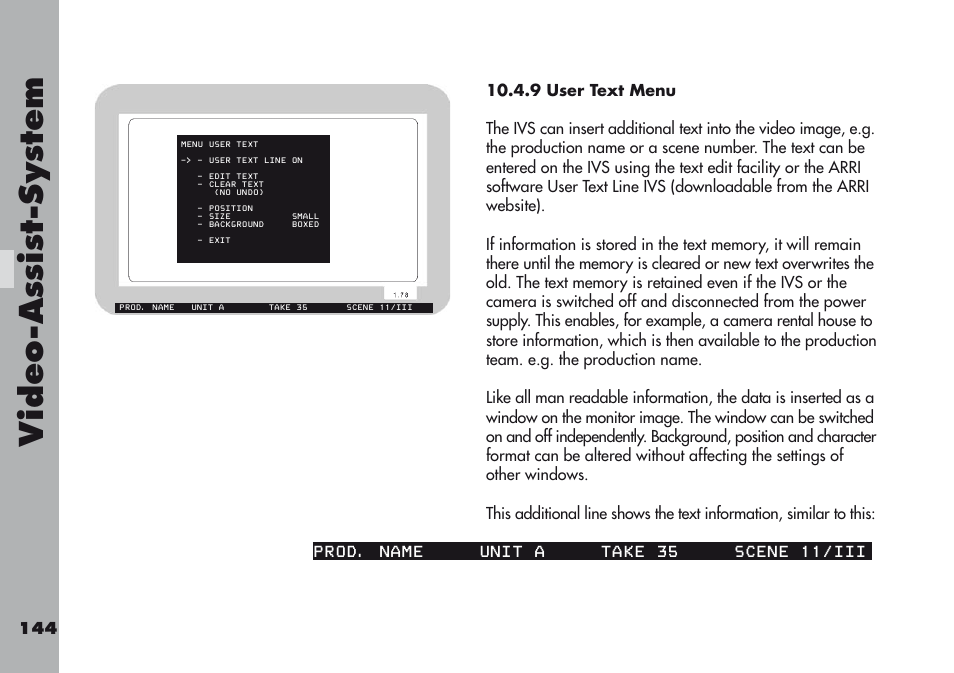 9 user text menu, Video-a ss is t-sy stem | ARRI ARRIFLEX 416 User Manual | Page 144 / 240