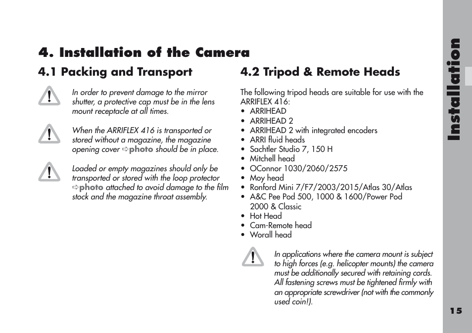 Installation of the camera, 1 packing and transport, 2 tripod & remote heads | Installationofthecamera | ARRI ARRIFLEX 416 User Manual | Page 15 / 240